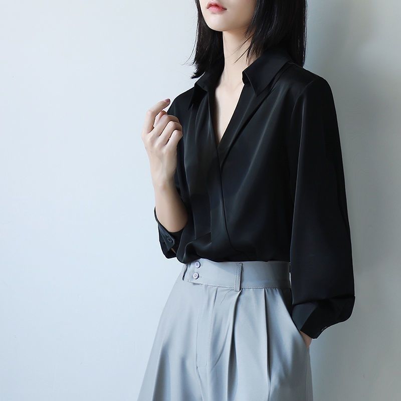 Street Fashion In Korea - Gidyq Women Black Chiffon Shirts Korean