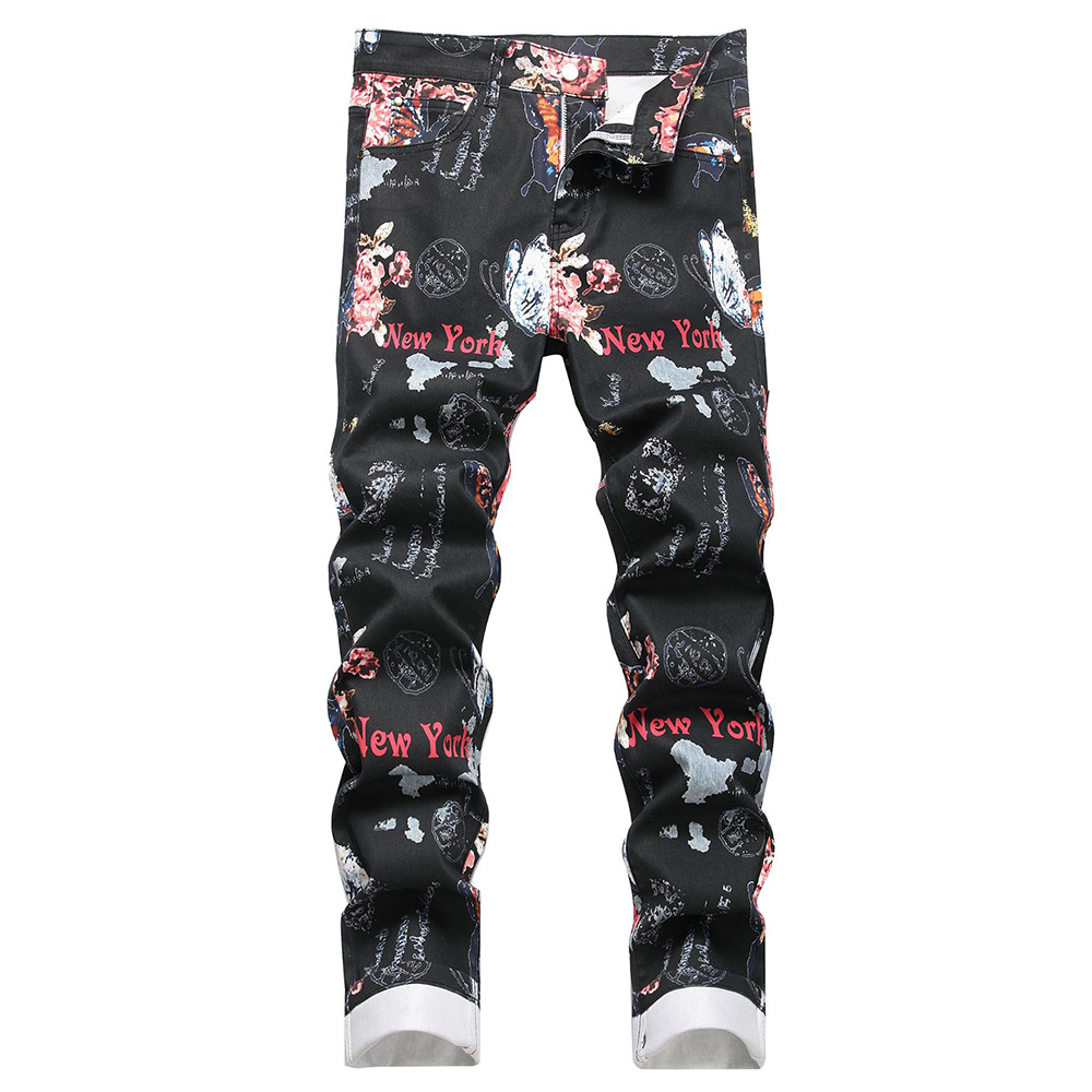 High Street Fashion New York - Men Digital Print Jeans Fashion Flower