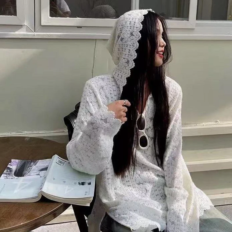 Street Fashion In Korea - Y2K Lace Hooded Shirts Women Streetwear