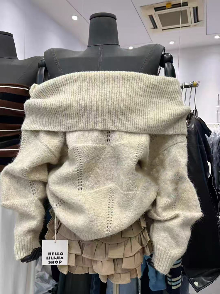 Fashion Slash Neck Knit Sweate - Korean Street Fashion Female 评论和价格